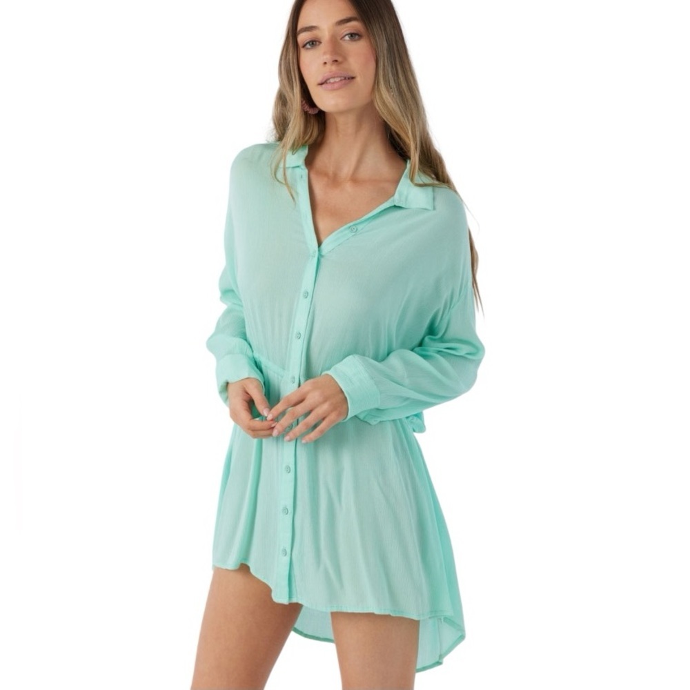 O'Neill Women's Mint Green Long-Sleeve Mini Swim Cover-Up Shirt Dress Medium